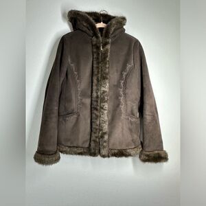 Sonoma Brown Suede Winter Coat Jacket Women's Size M Faux Fur Trim Embroidered